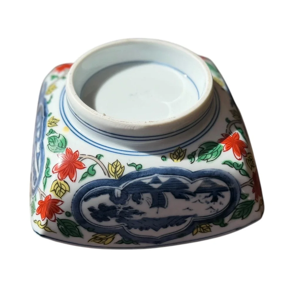 Antique Japanese Imari Arita Footed Square Bowl Fuku Mark Meiji Style